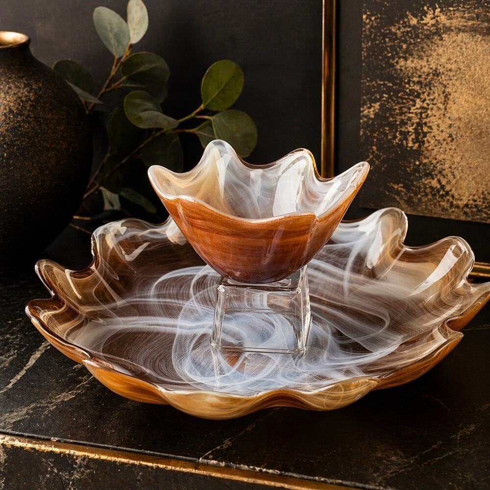 Art Glass Chips & Dip Bowl Set Amber White Swirl Recycled Spain 13”